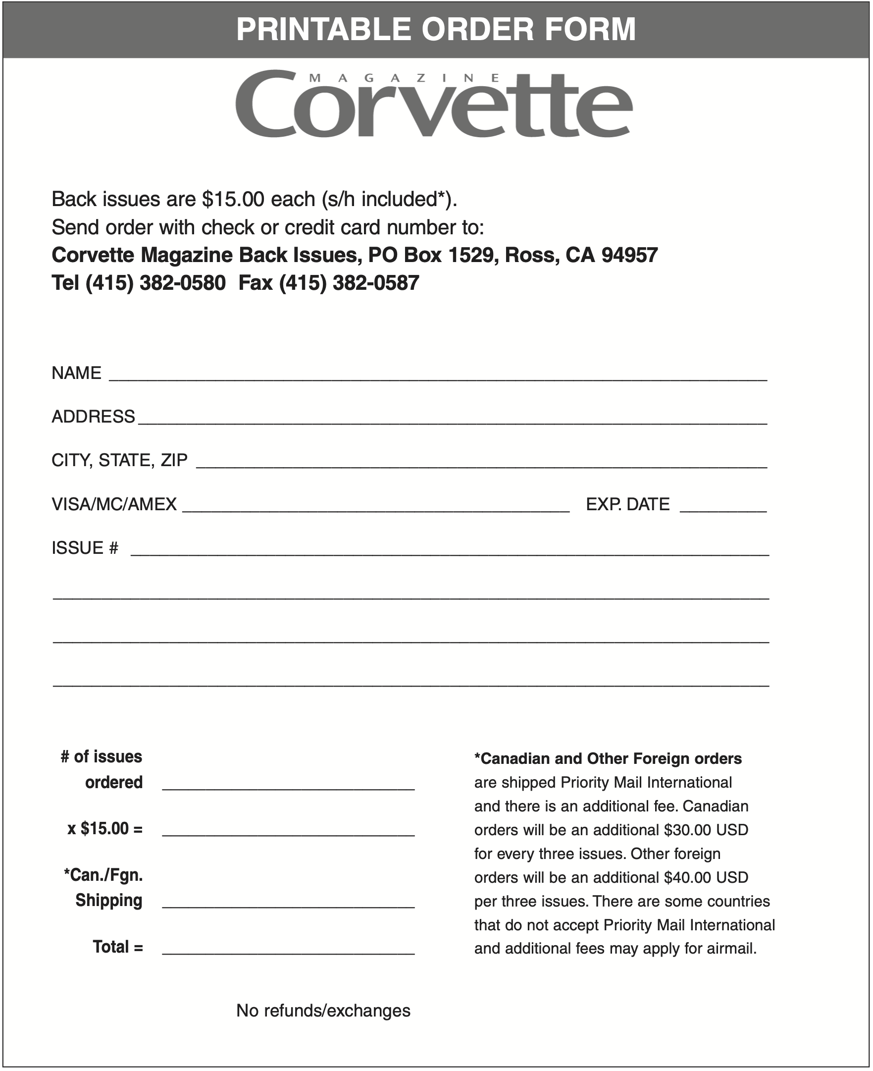 Corvette Magazine Back Issues Order Form