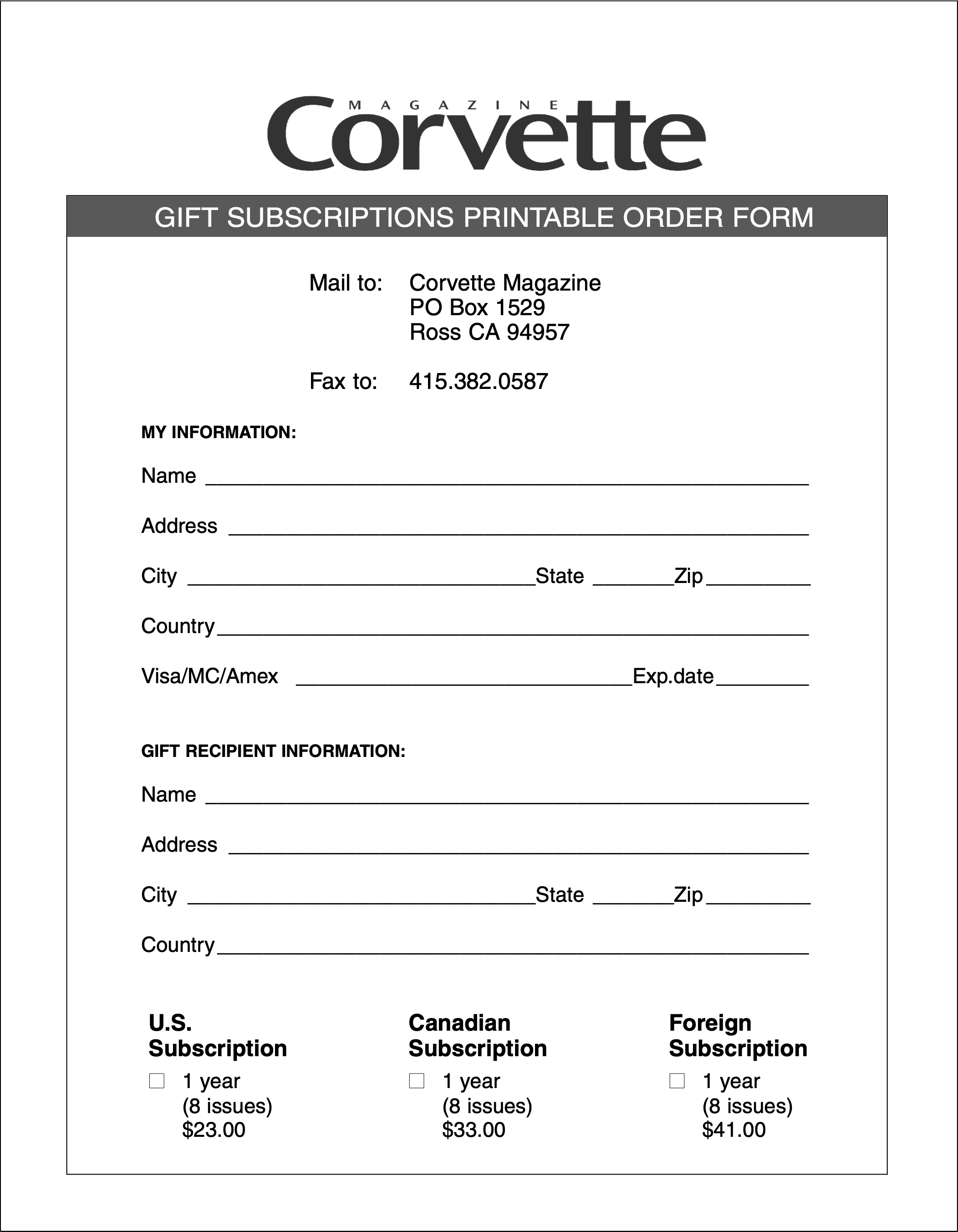 Corvette Magazine Gift Subscription Order Form